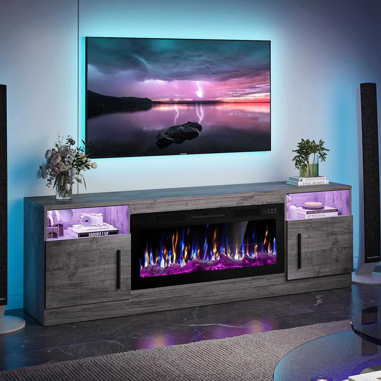 TV Stand Fireplace with 36" inch Electric Fireplace Up to 80" TVs, LED Light Entertainment Center,