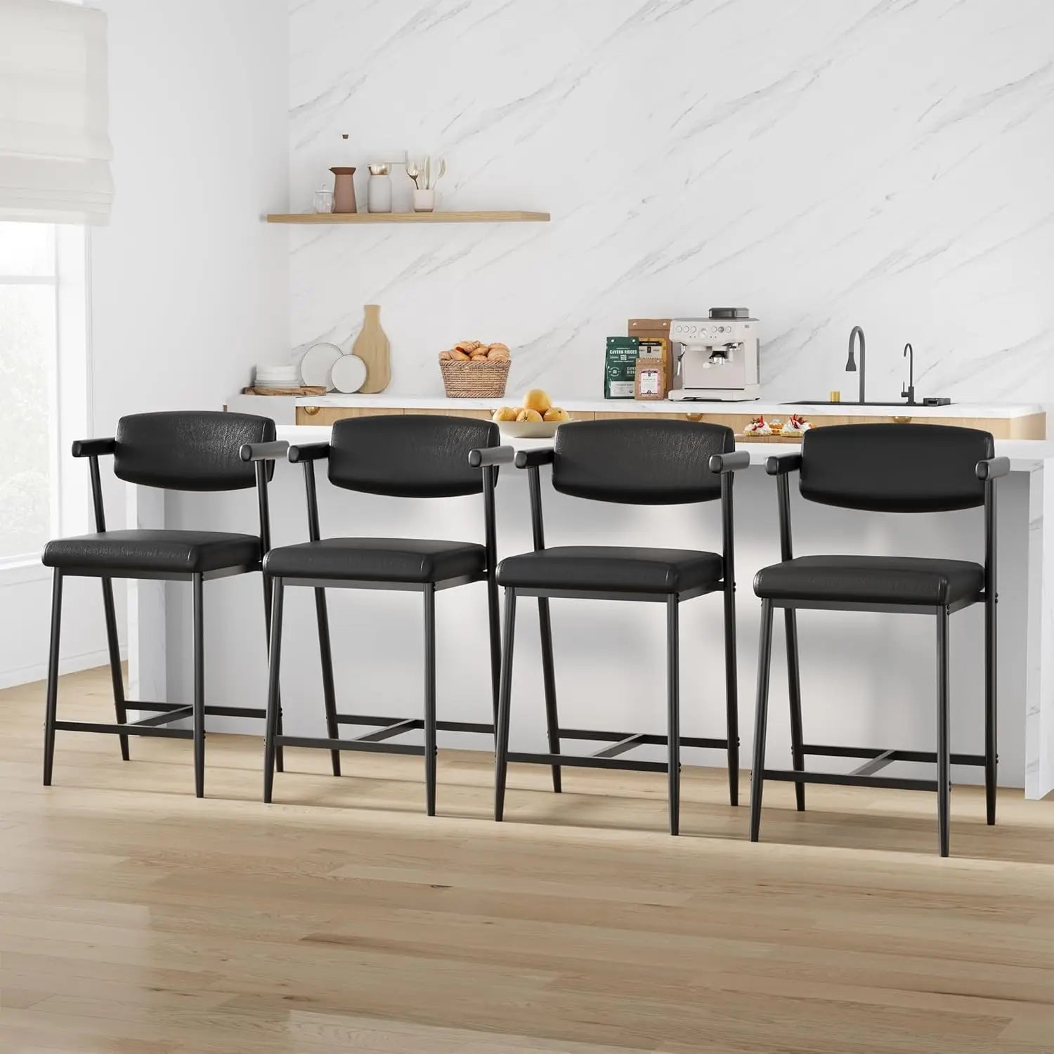 2PCS Modern Bar Stools Set with Back & Upholstered Wider Seat.