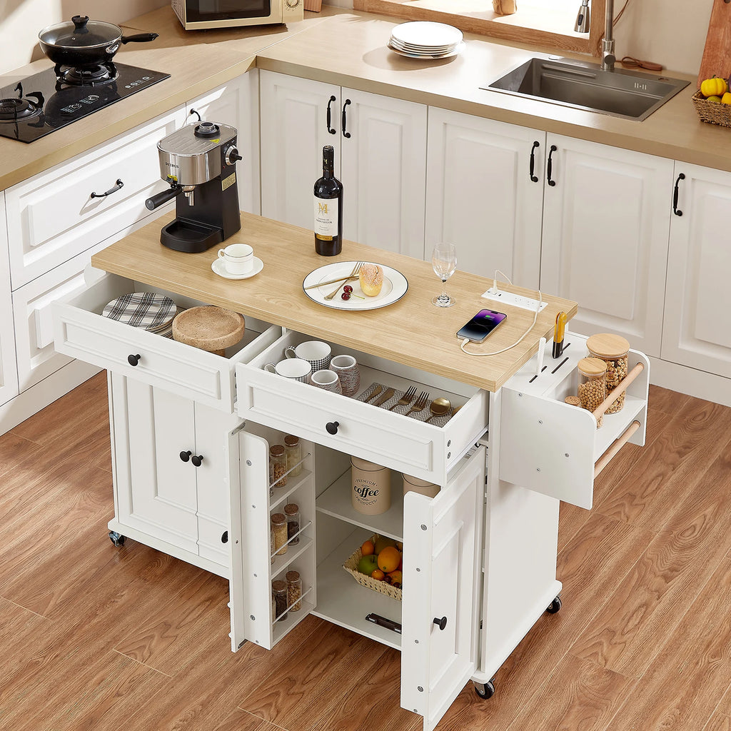 Kitchen Island Table Drop Leaf Home Carts with Power Outlet Spice Towel Rack Trash