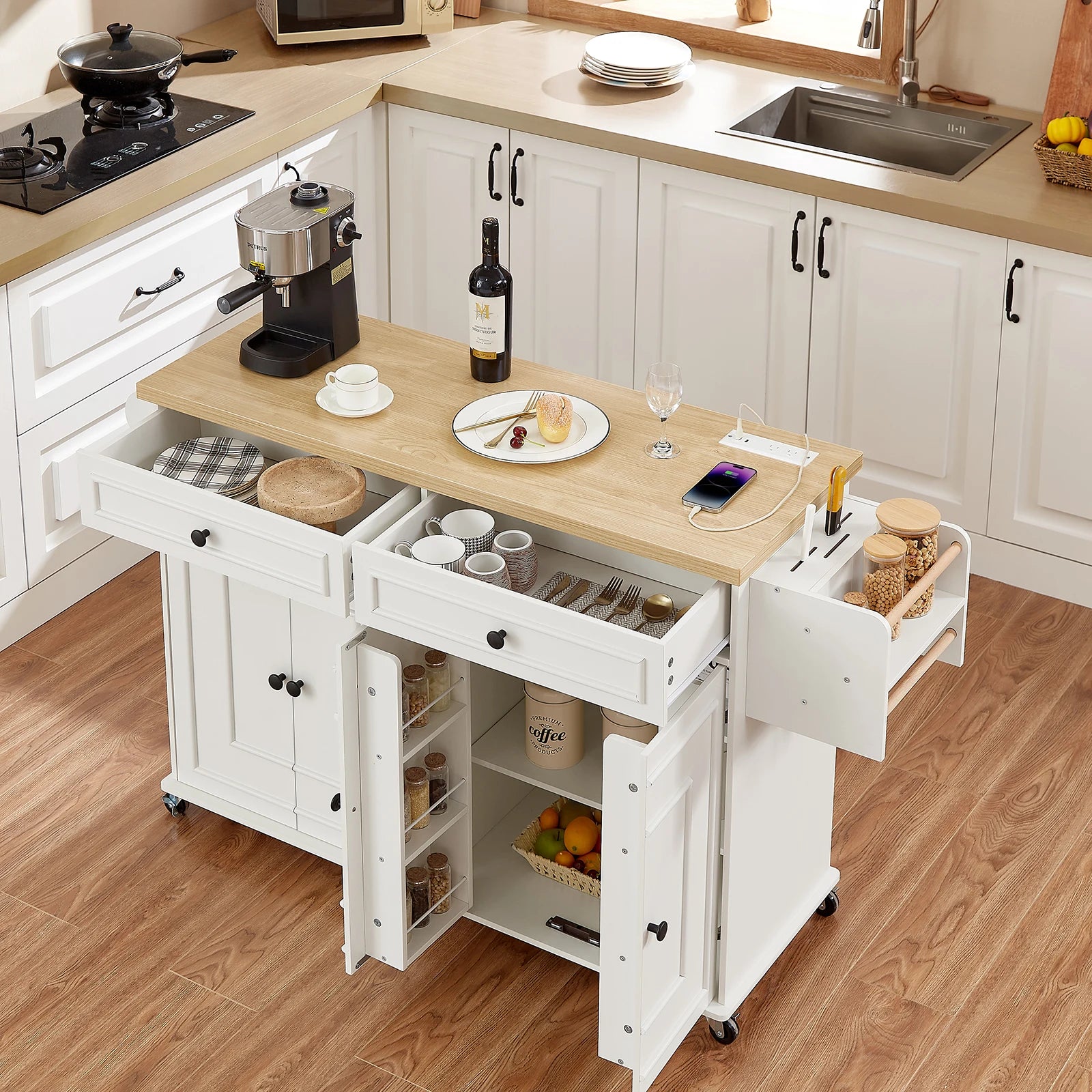 Kitchen Island Table Drop Leaf Home Carts with Power Outlet Spice Towel Rack Trash