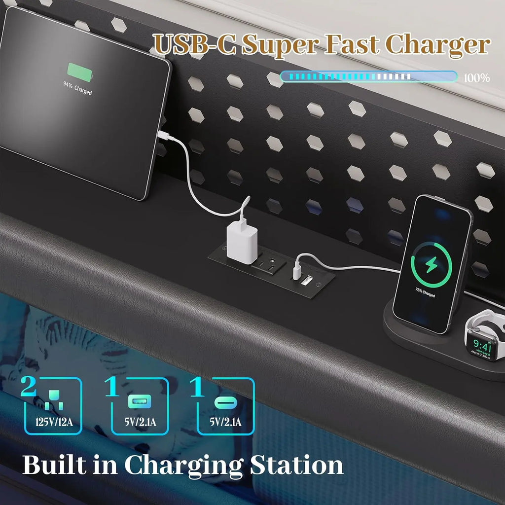 King Floating Bed Frame Storage Headboard LED Light Charging Station Bookcase No Box Spring Noise-Free.