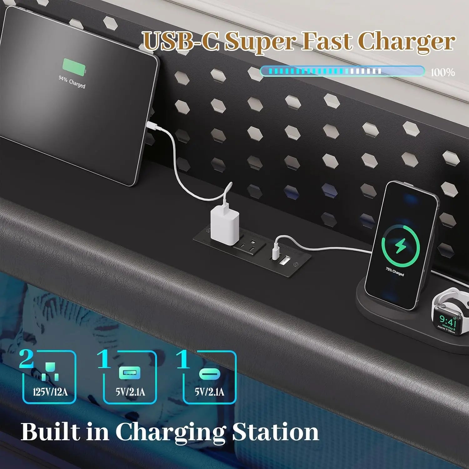 King Floating Bed Frame Storage Headboard LED Light Charging Station Bookcase No Box Spring Noise-Free.
