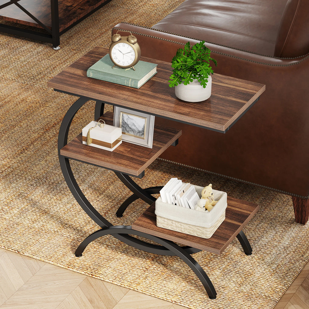 3-Tier C-Shaped End Table for Couch, Bedside or Snack Table with Storage Shelves