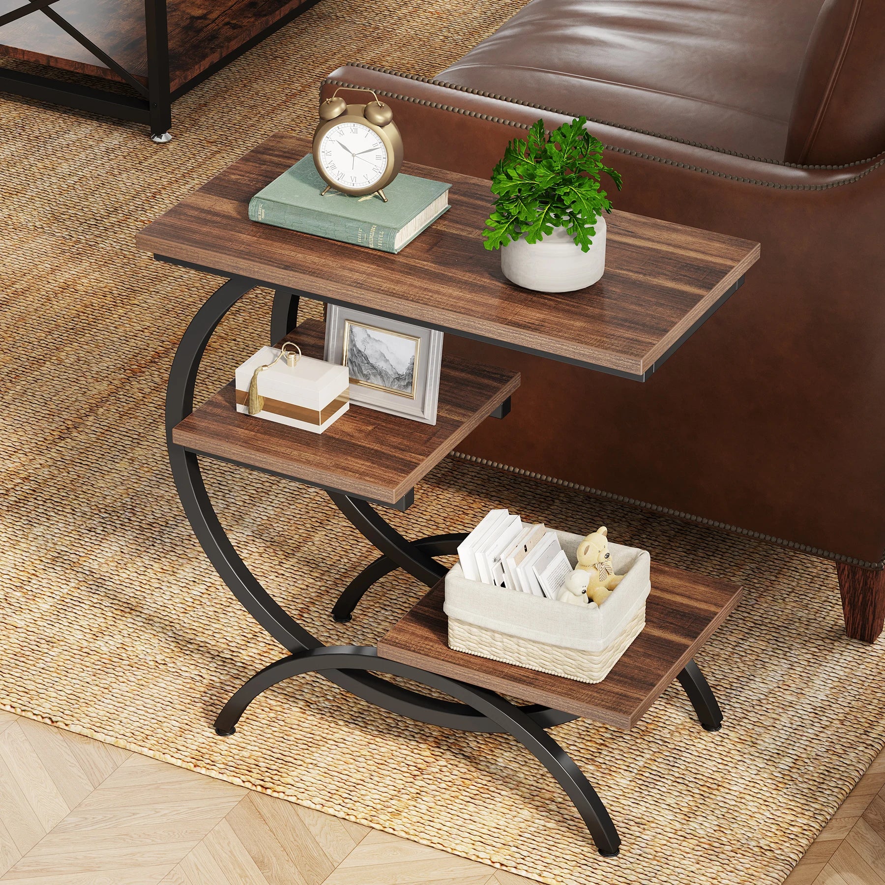 3-Tier C-Shaped End Table for Couch, Bedside or Snack Table with Storage Shelves