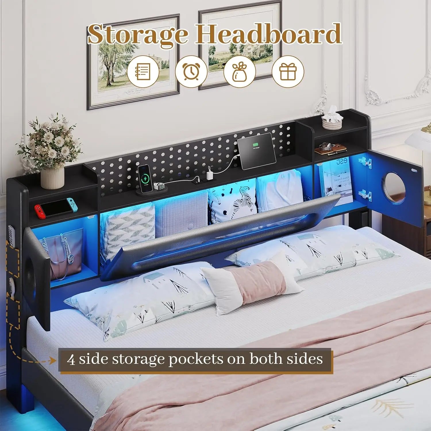 King Floating Bed Frame Storage Headboard LED Light Charging Station Bookcase No Box Spring Noise-Free.