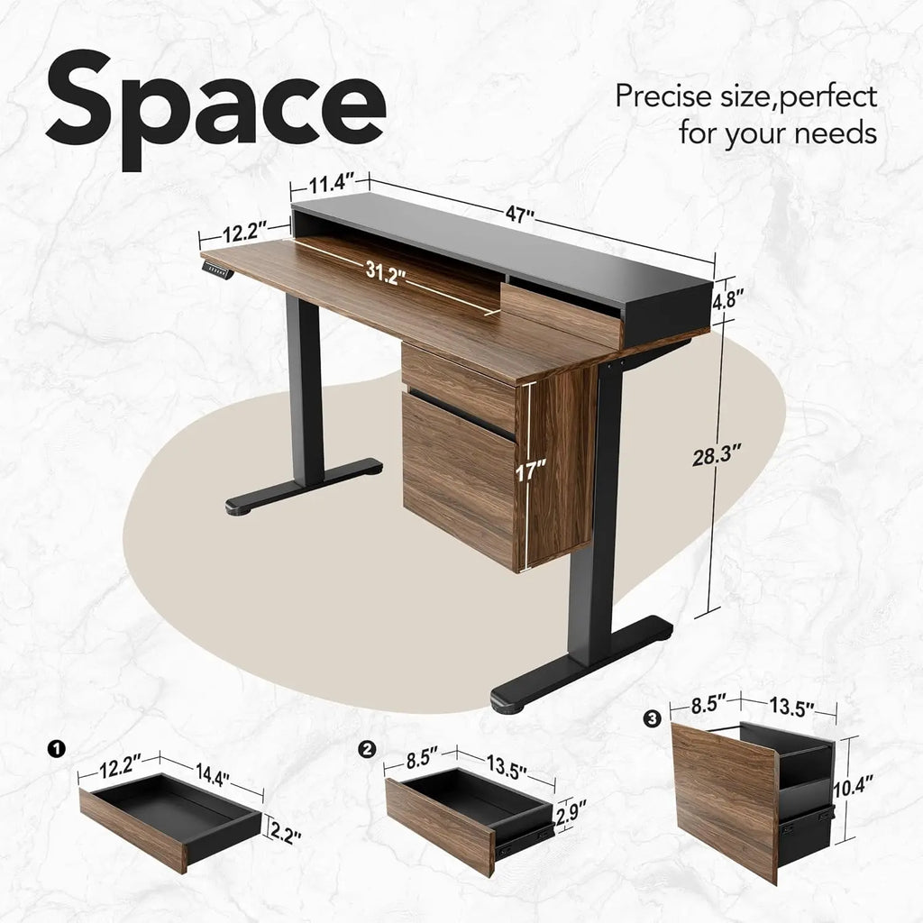 Electric Height Adjustable Standing Desk with Drawers & Cabinet 47".