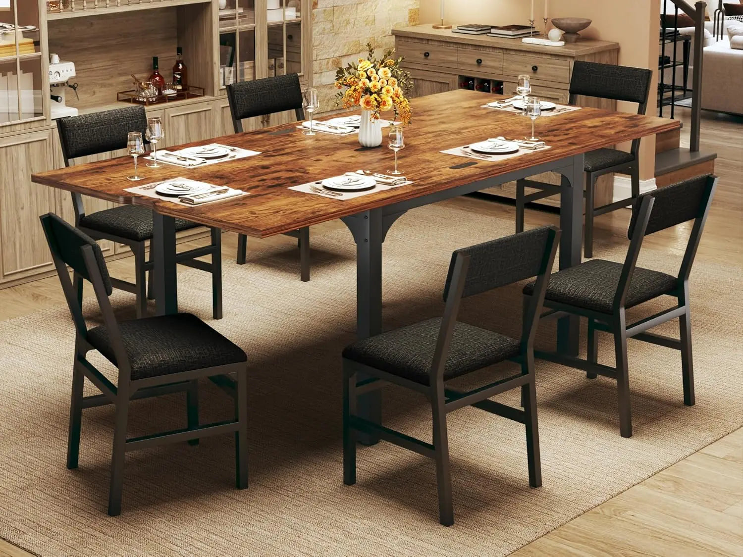 7-Piece Dining Table Set for 4-6, Extendable Kitchen Table Cushion Chairs,