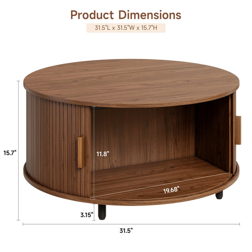 31.5" Modern Coffee Table with 360° Curved Sliding Door,Fluted Wood Accent Coffee Tablee