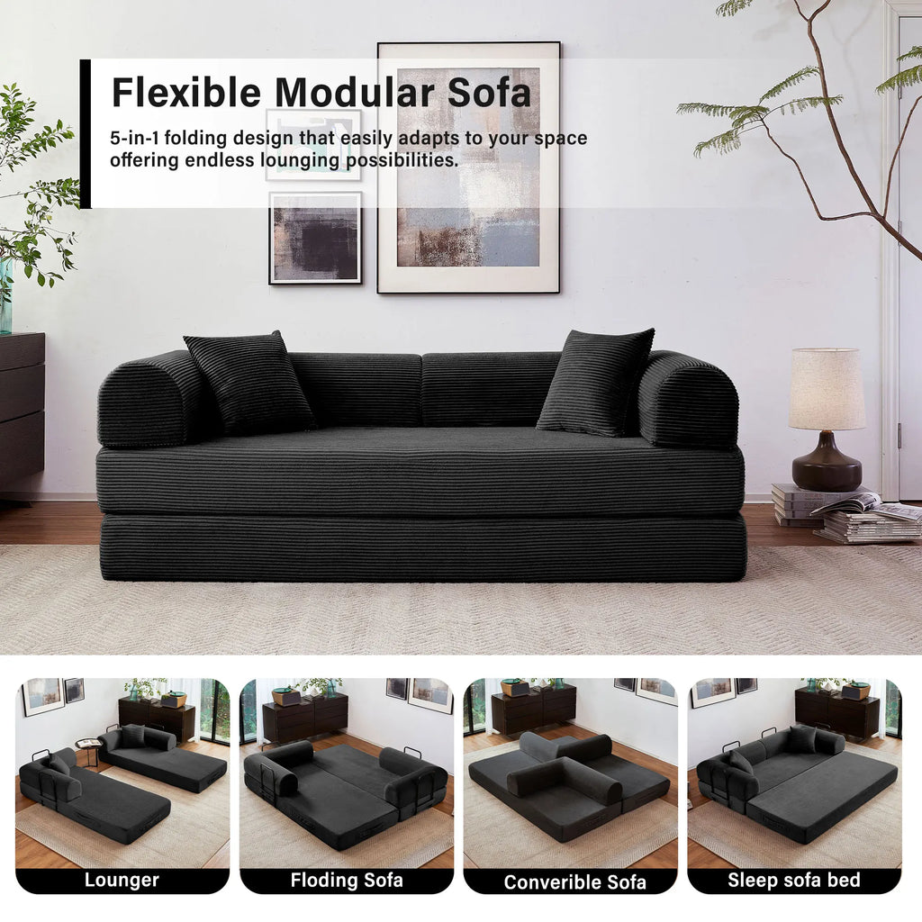 79'' Boneless Couch Foldable Convertible Futon Sleeper Sofa Bed Floor Lounge with L-Shaped Armrests for Living Room Sofas