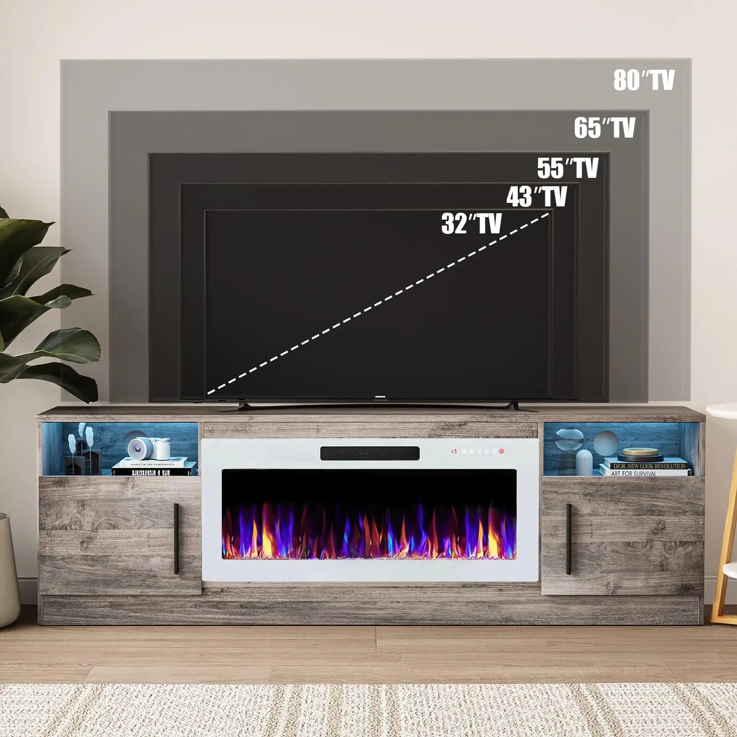 TV Stand Fireplace with 36" inch Electric Fireplace Up to 80" TVs, LED Light Entertainment Center,