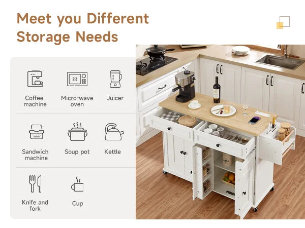 Kitchen Island Table Drop Leaf Home Carts with Power Outlet Spice Towel Rack Trash