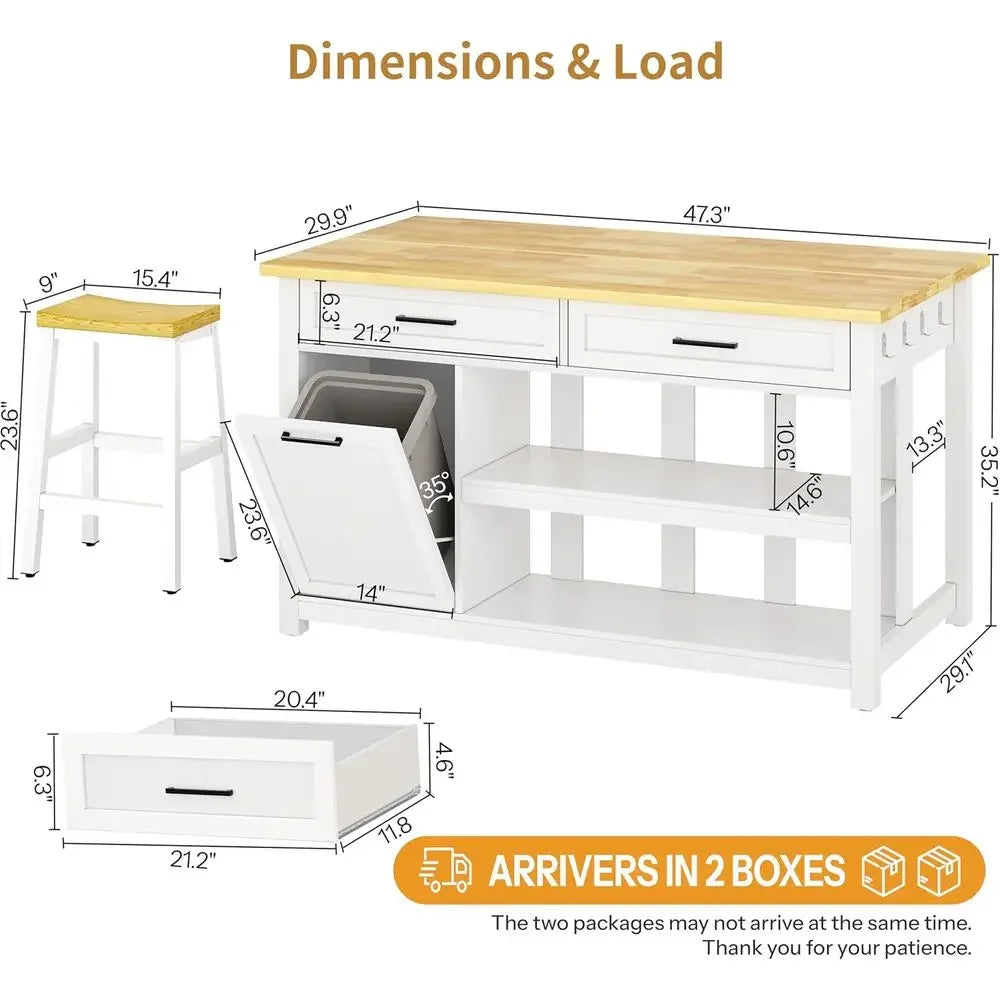 Kitchen Island with Storage and Seating Include 2 Bar Stools, 47"