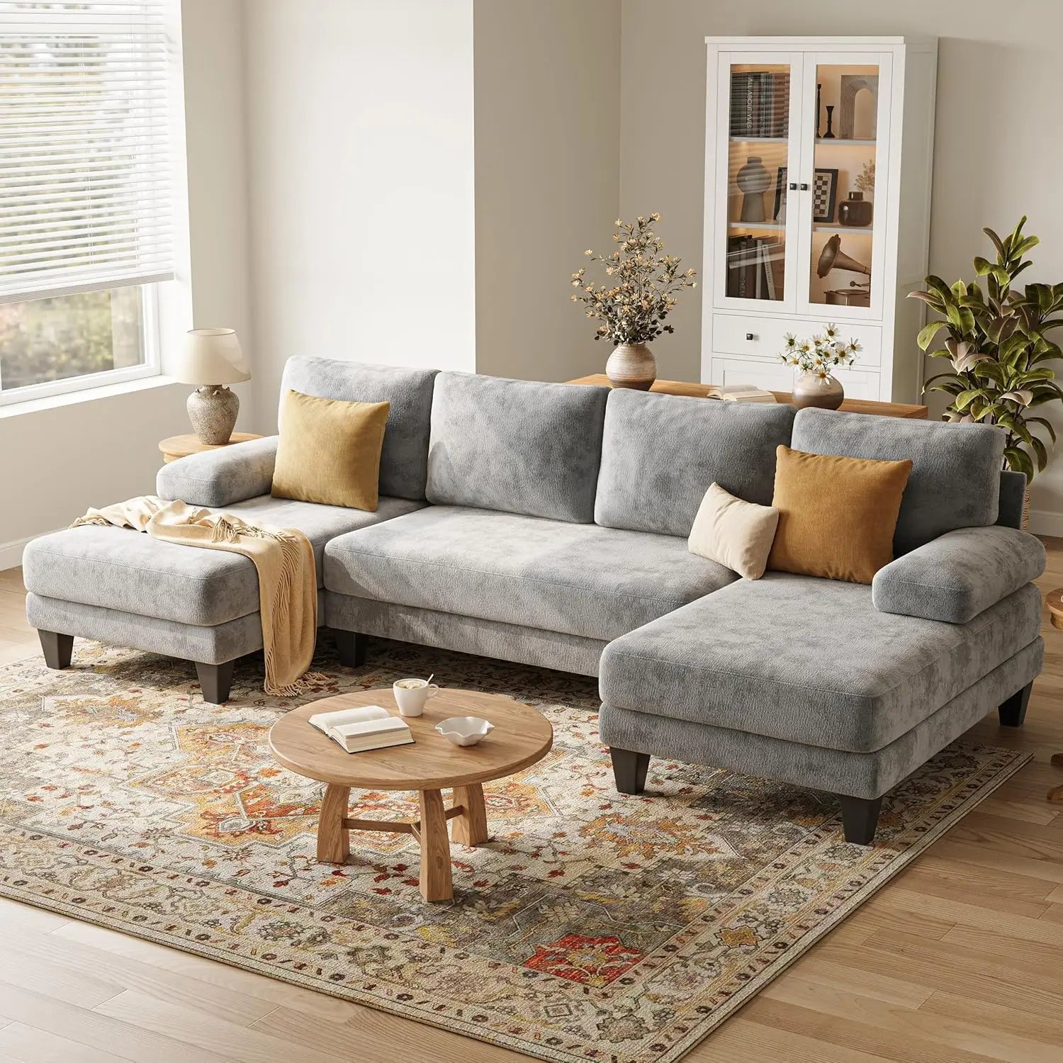 U-Shaped Sectional Couches for Living Room | Chenille Sofa with Double Chaise