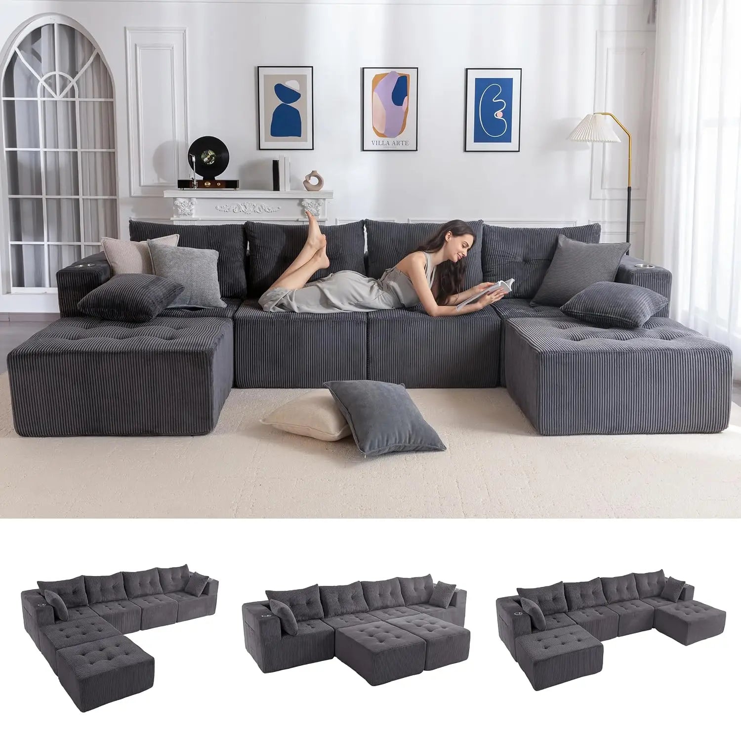Boneless Couch, 129.5-Inch U-Shaped Cloud Couch, 2 Ottomans