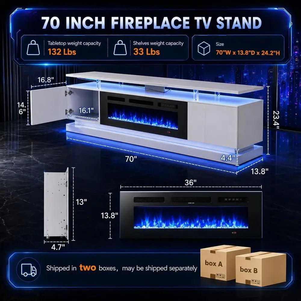 70" Modern Fireplace TV Stand for TVs up to 80", White Entertainment Center with Black Electric Fireplace,Storage Cabinets