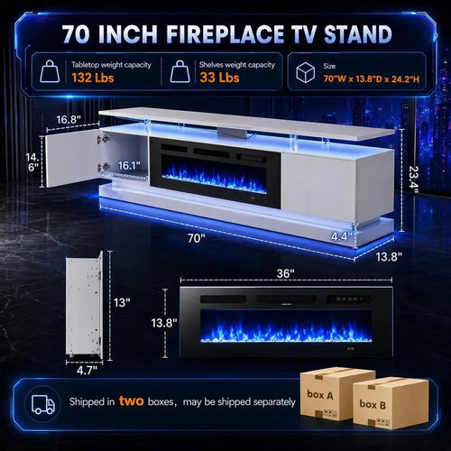 70" Modern Fireplace TV Stand for TVs up to 80", White Entertainment Center with Black Electric Fireplace,Storage Cabinets