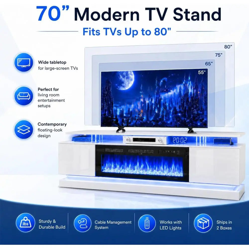 70" Modern Fireplace TV Stand for TVs up to 80", White Entertainment Center with Black Electric Fireplace,Storage Cabinets