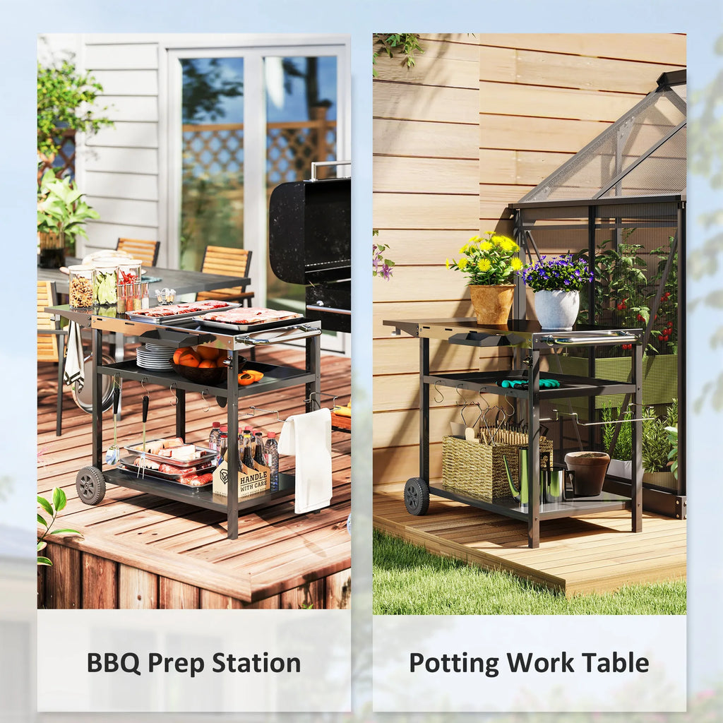 Outdoor Bar Cart Grill Table with Wheels, Prep Table with Storage