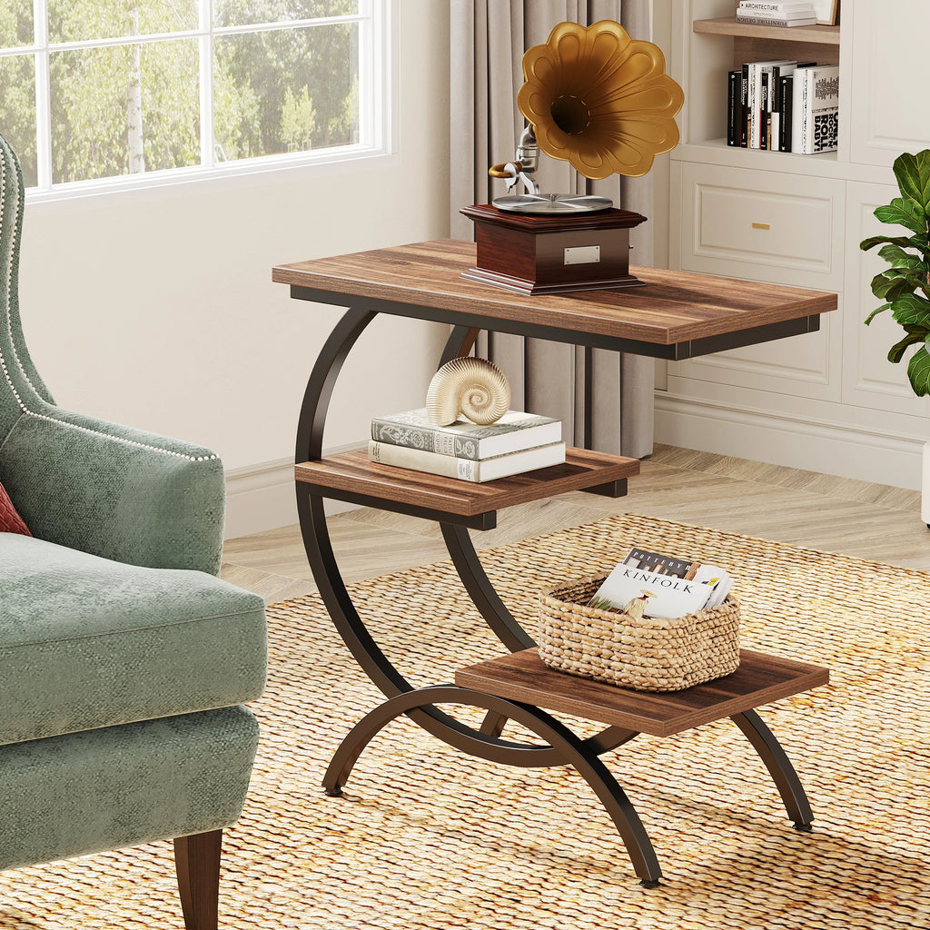 3-Tier C-Shaped End Table for Couch, Bedside or Snack Table with Storage Shelves