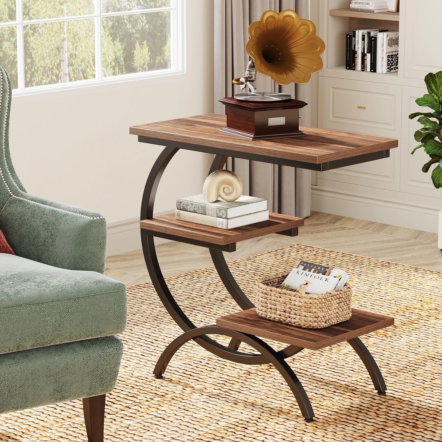 3-Tier C-Shaped End Table for Couch, Bedside or Snack Table with Storage Shelves