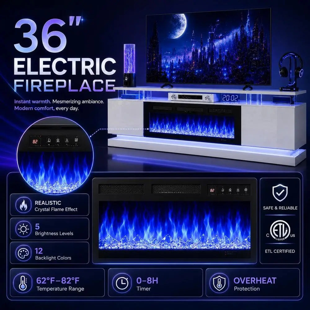 70" Modern Fireplace TV Stand for TVs up to 80", White Entertainment Center with Black Electric Fireplace,Storage Cabinets