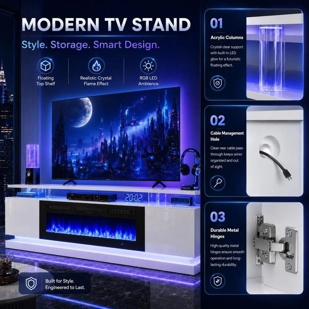 70" Modern Fireplace TV Stand for TVs up to 80", White Entertainment Center with Black Electric Fireplace,Storage Cabinets