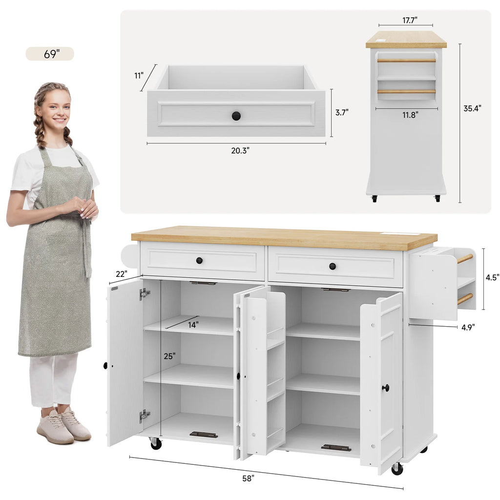 Kitchen Island Table Drop Leaf Home Carts with Power Outlet Spice Towel Rack Trash