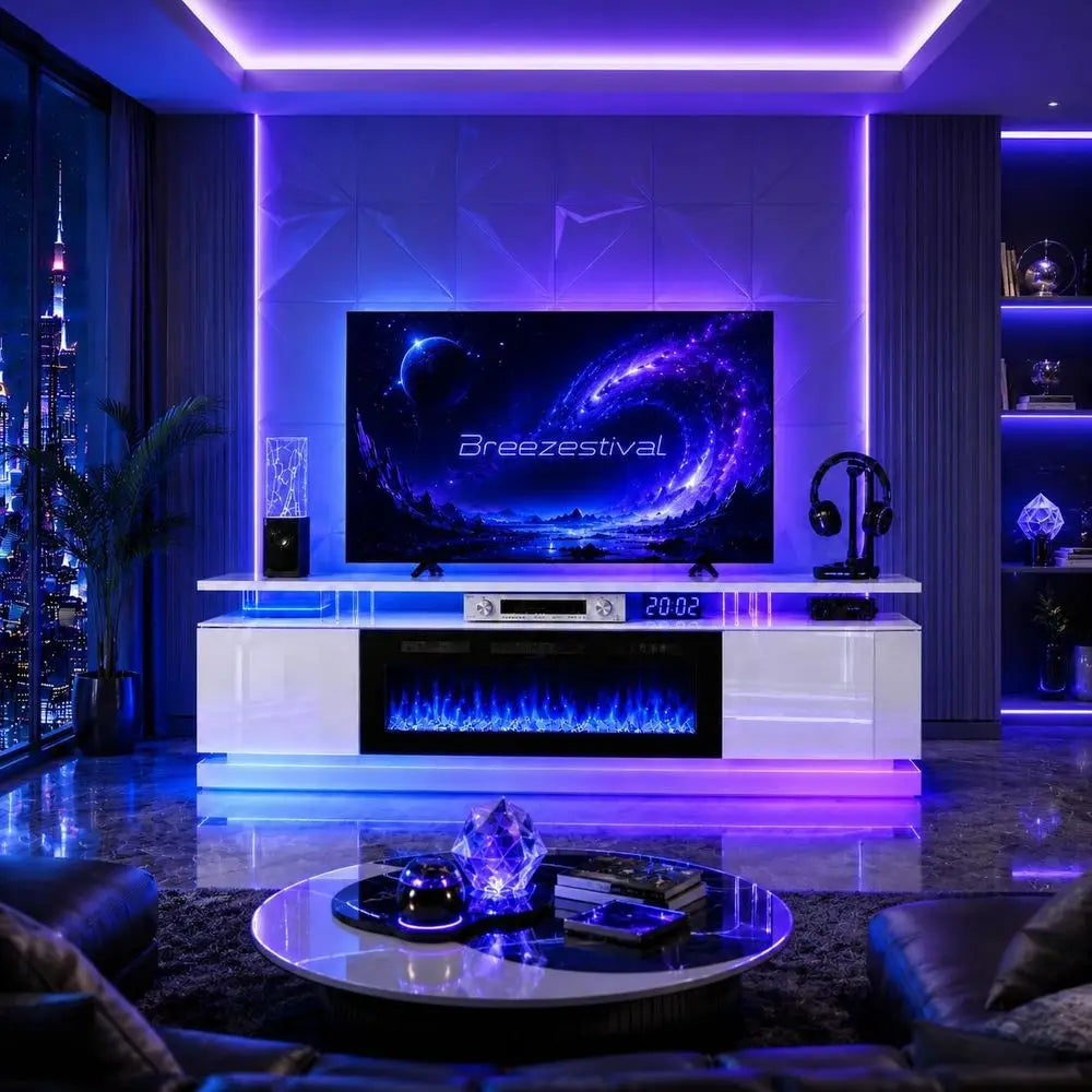 70" Modern Fireplace TV Stand for TVs up to 80", White Entertainment Center with Black Electric Fireplace,Storage Cabinets
