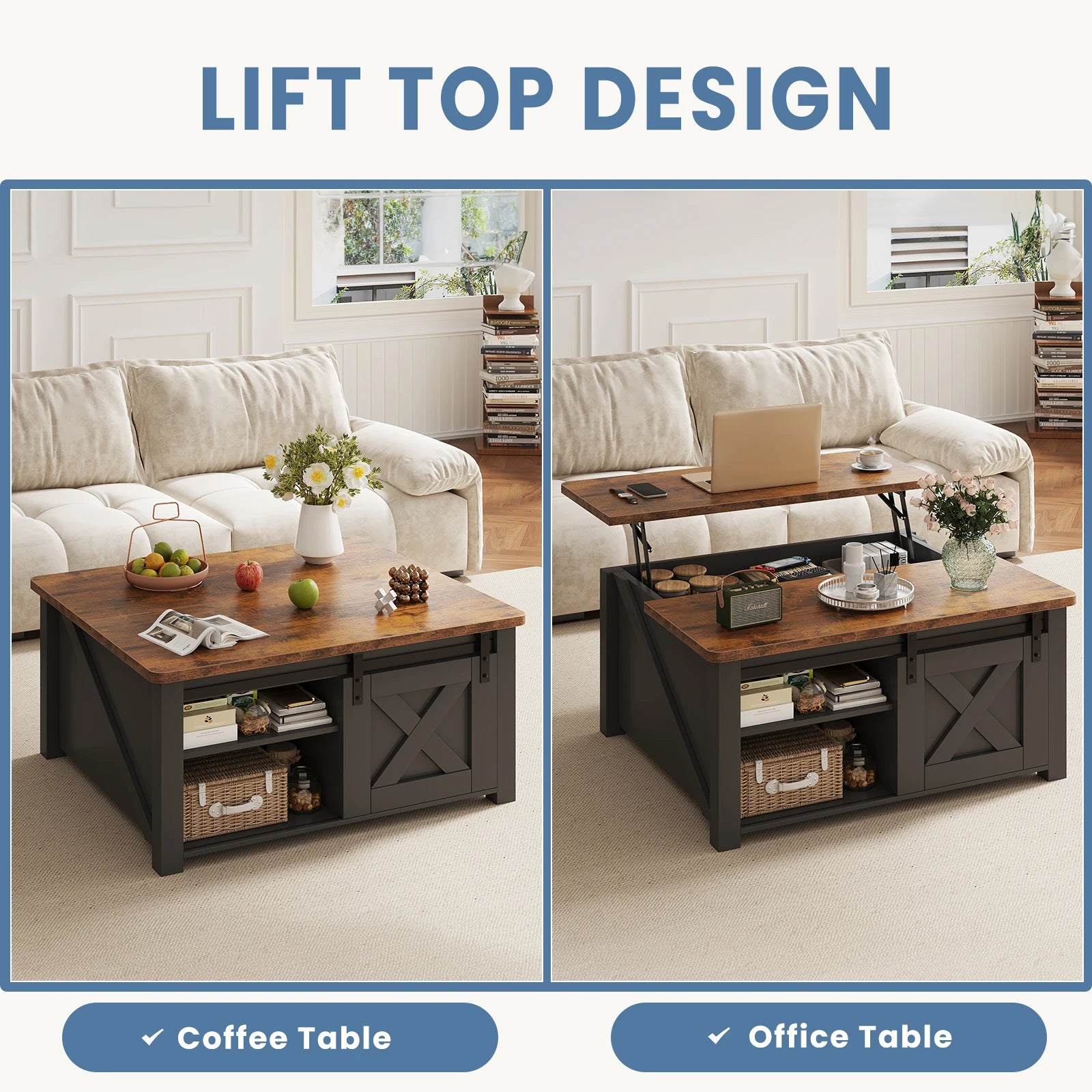 31.5IN Wood Lift Top Coffee Tables Square, Adjustable Storage Shelf Easy Lift Or Lower For Tea Dining Tables