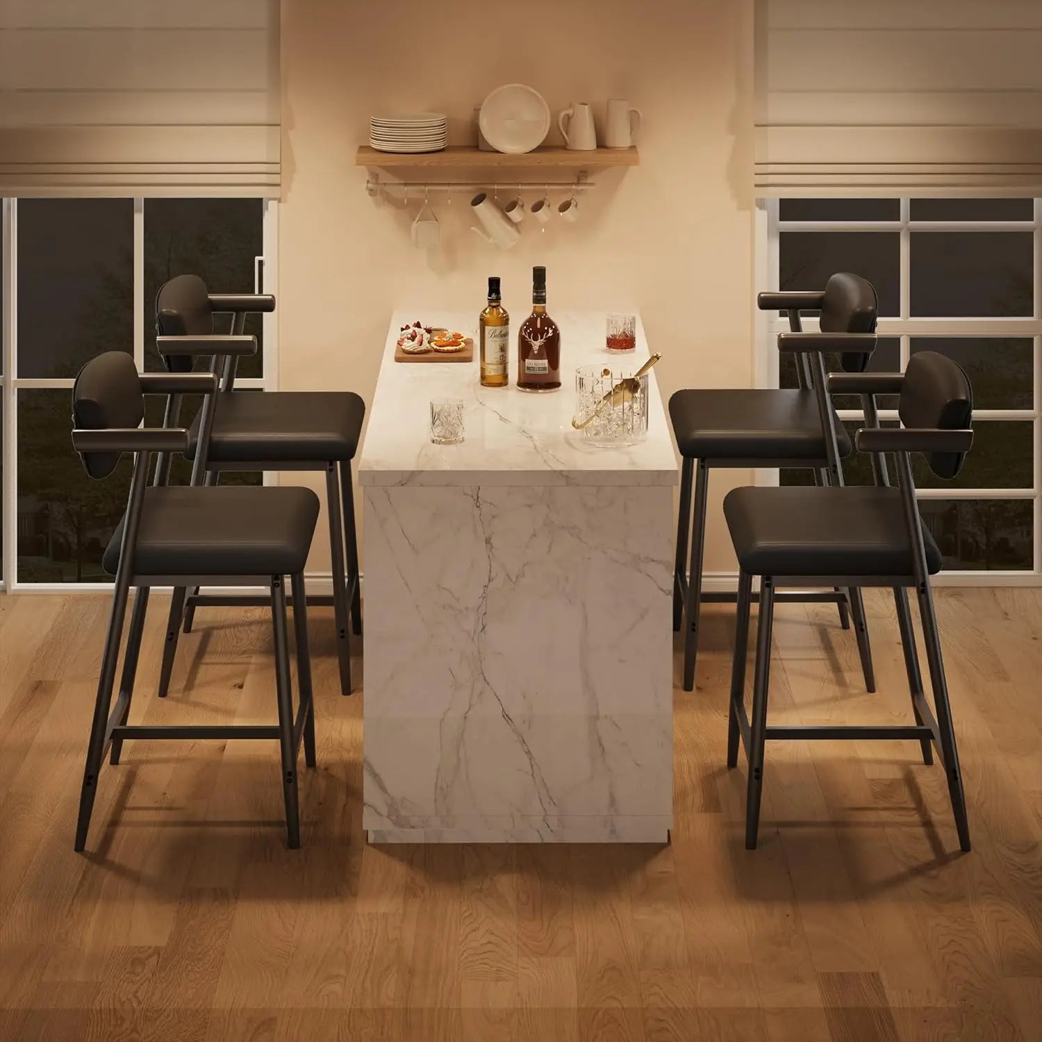 2PCS Modern Bar Stools Set with Back & Upholstered Wider Seat.