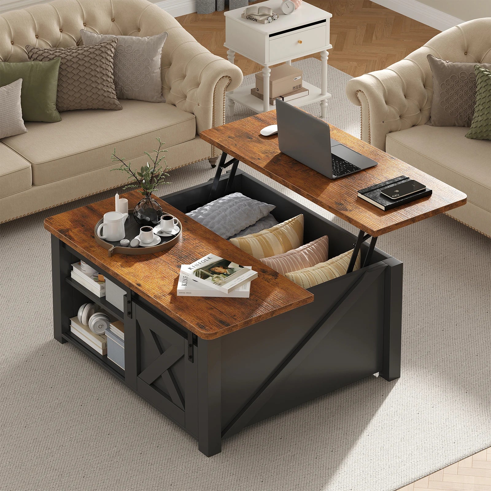 31.5IN Wood Lift Top Coffee Tables Square, Adjustable Storage Shelf Easy Lift Or Lower For Tea Dining Tables