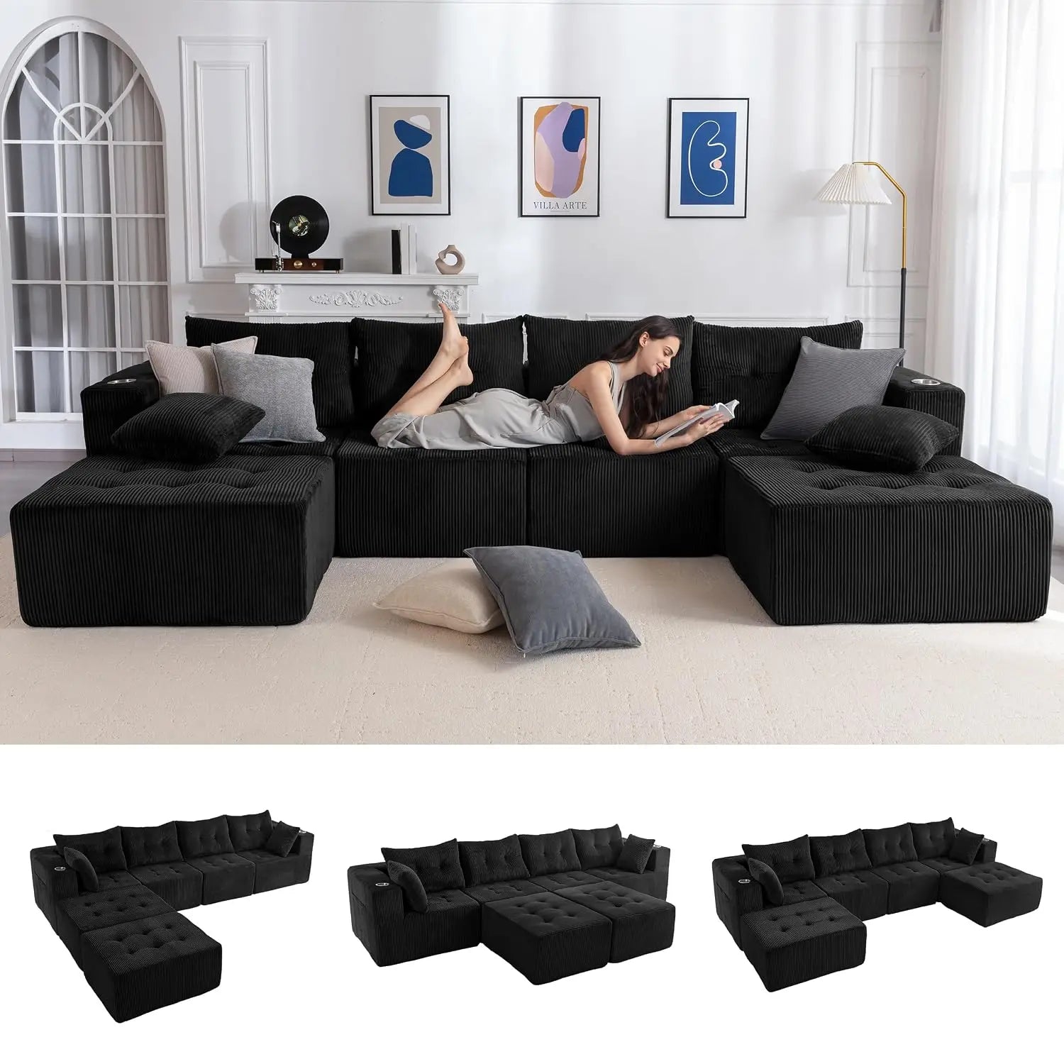 Boneless Couch, 129.5-Inch U-Shaped Cloud Couch, 2 Ottomans