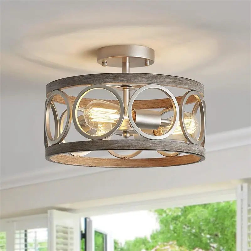 Retro Iron Art Wood Grain Ceiling Light Home Decor