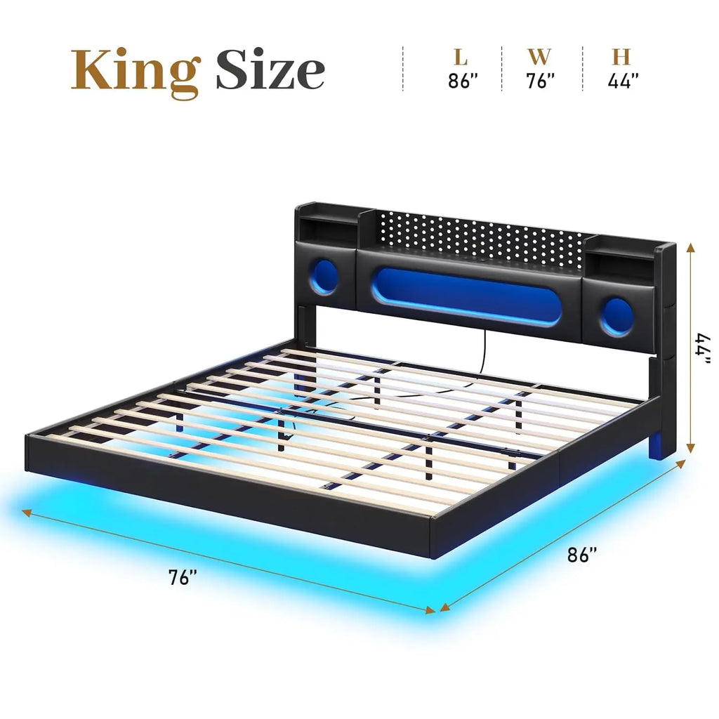King Floating Bed Frame Storage Headboard LED Light Charging Station Bookcase No Box Spring Noise-Free.