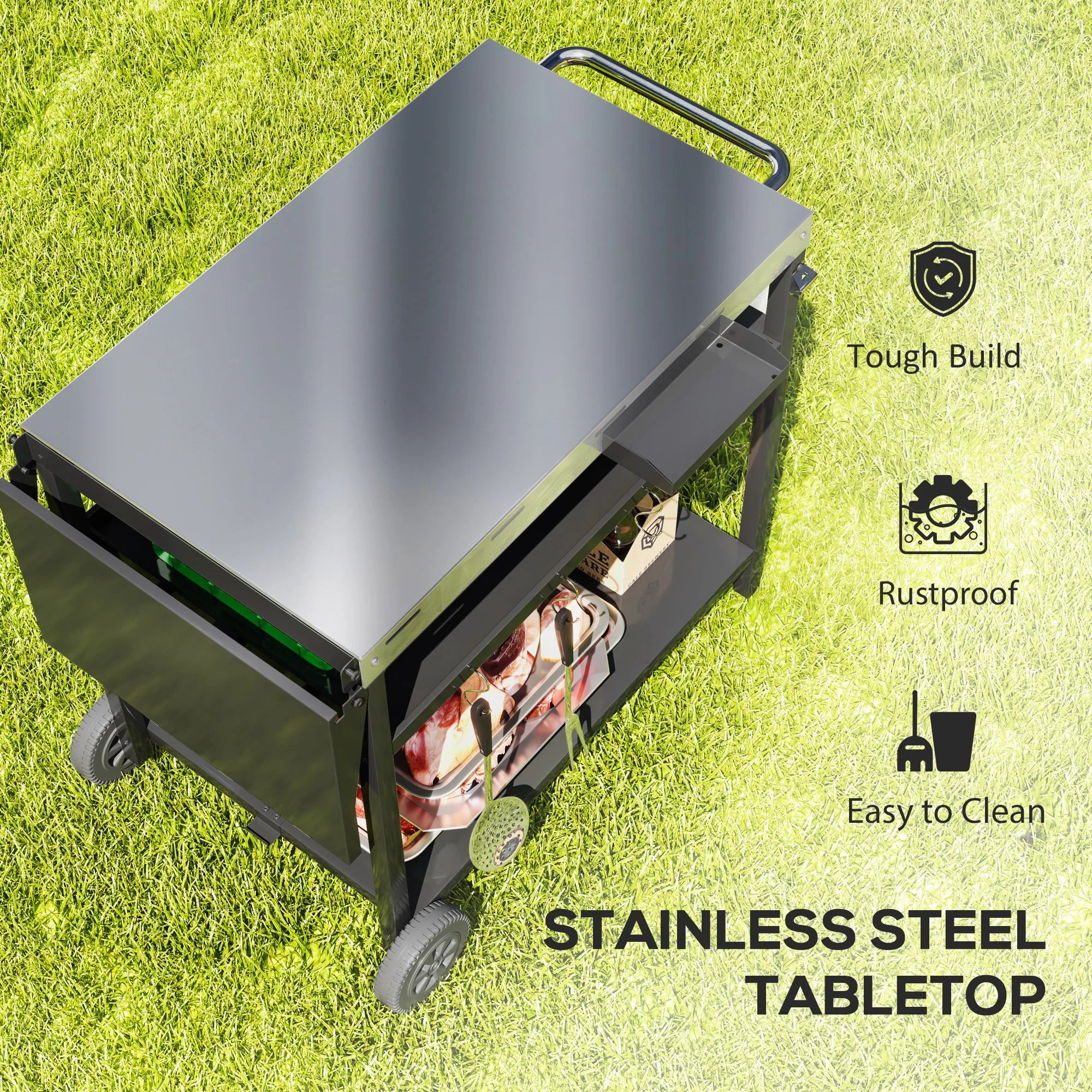 Outdoor Bar Cart Grill Table with Wheels, Prep Table with Storage