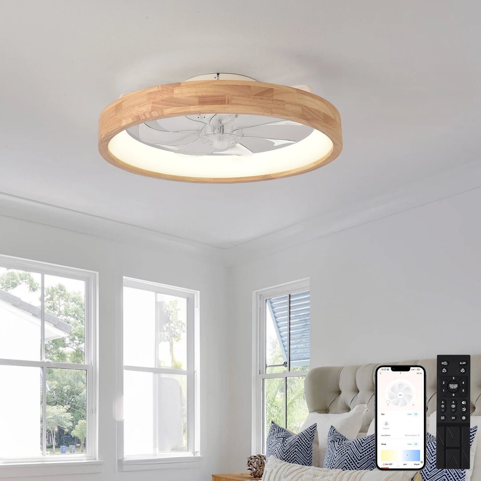 LED Ceiling Fan with Light Dimmable, Remote Control 5 Invisible Reversible Blades