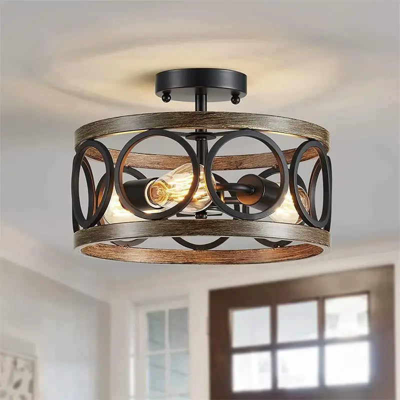 Retro Iron Art Wood Grain Ceiling Light Home Decor